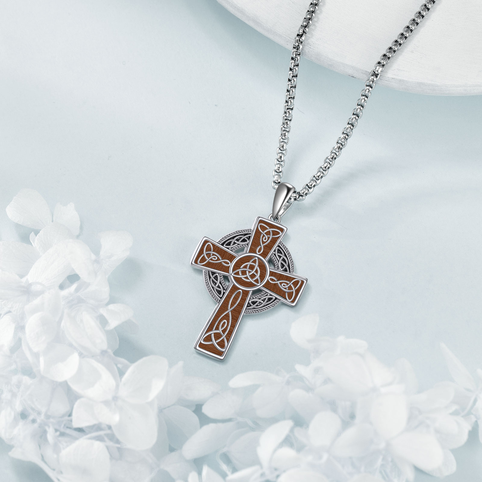 Women's 925 Sterling Silver Wooden Celtic Cross Necklace